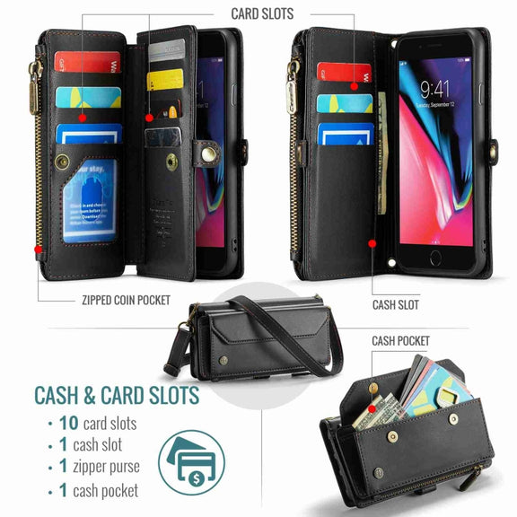For iPhone 8 Plus / 7 Plus / 6 Plus CaseMe C36 Card Slots Zipper Wallet RFID Anti-theft Leather Phone Case(Black)