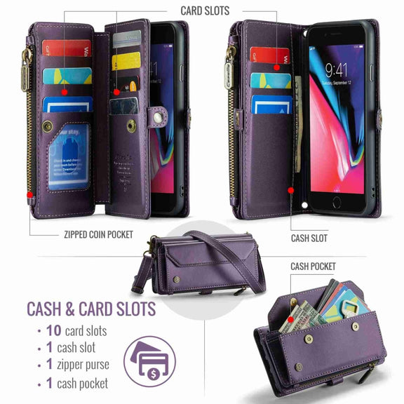 For iPhone 8 Plus / 7 Plus / 6 Plus CaseMe C36 Card Slots Zipper Wallet RFID Anti-theft Leather Phone Case(Purple)