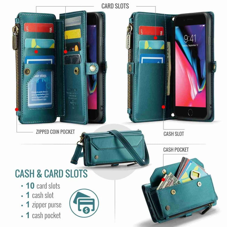 For iPhone 8 Plus / 7 Plus / 6 Plus CaseMe C36 Card Slots Zipper Wallet RFID Anti-theft Leather Phone Case(Blue-green)