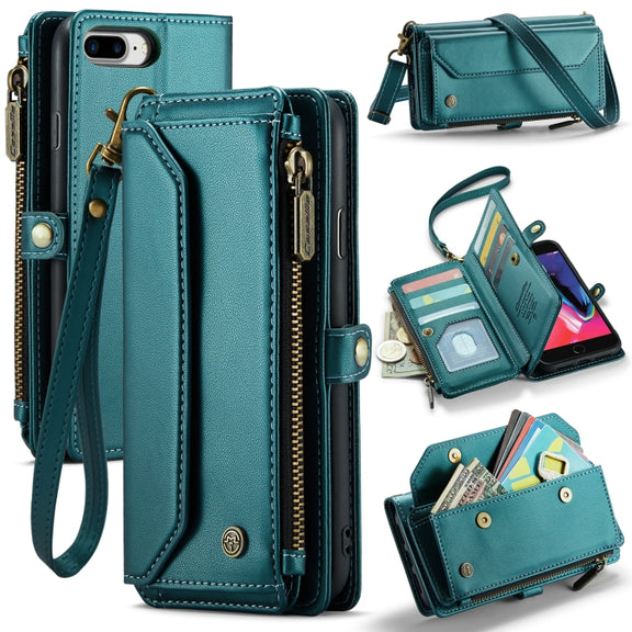 For iPhone 8 Plus / 7 Plus / 6 Plus CaseMe C36 Card Slots Zipper Wallet RFID Anti-theft Leather Phone Case(Blue-green)