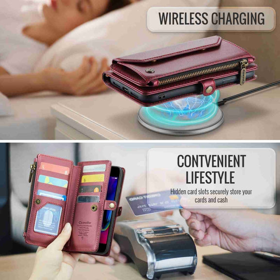 For iPhone 8 Plus / 7 Plus / 6 Plus CaseMe C36 Card Slots Zipper Wallet RFID Anti-theft Leather Phone Case(Wine Red)