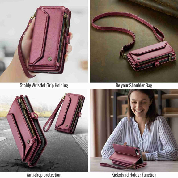 For iPhone 8 Plus / 7 Plus / 6 Plus CaseMe C36 Card Slots Zipper Wallet RFID Anti-theft Leather Phone Case(Wine Red)