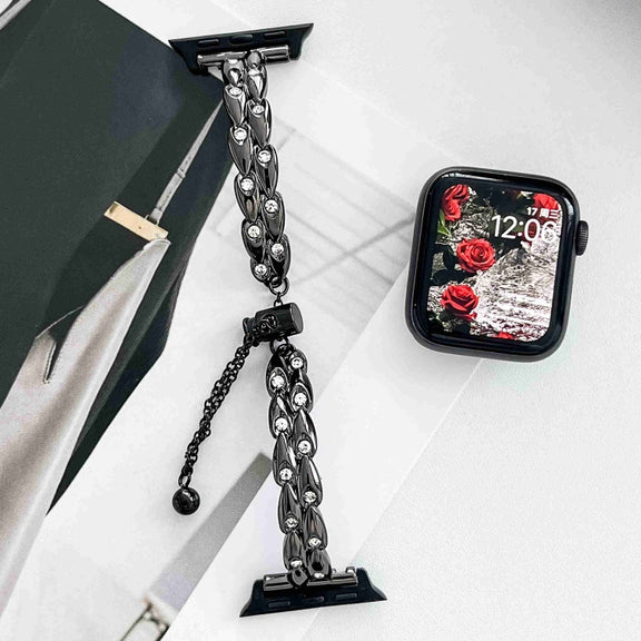 For Apple Watch SE 2023 44mm Rhinestone Peacock Metal Bracelet Watch Band(Black)