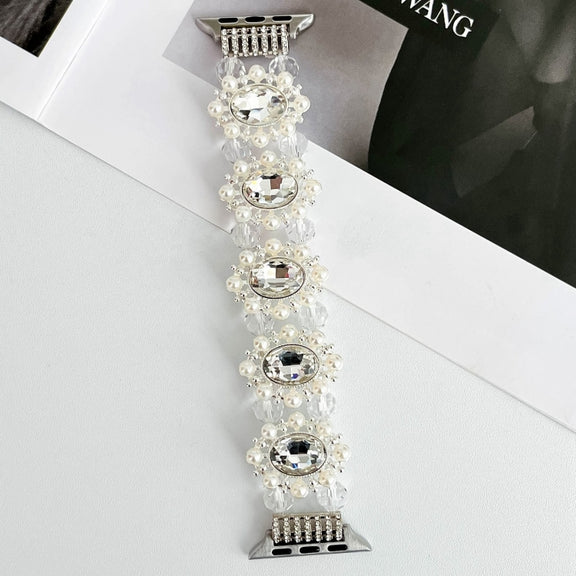 For Apple Watch SE 2023 44mm Beaded Pearl Gemstone Bracelet Watch Band(White)