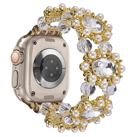 For Apple Watch Ultra 2 49mm Beaded Pearl Gemstone Bracelet Watch Band(Gold)