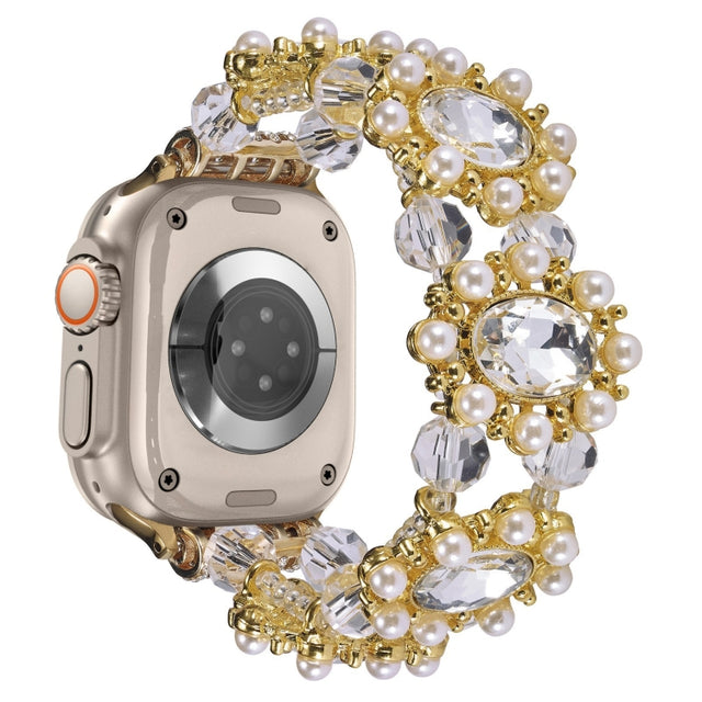 For Apple Watch Ultra 49mm Beaded Pearl Gemstone Bracelet Watch Band(Gold)
