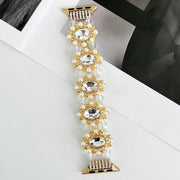 For Apple Watch Series 7 45mm Beaded Pearl Gemstone Bracelet Watch Band(Light Gold)