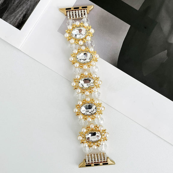 For Apple Watch Series 7 45mm Beaded Pearl Gemstone Bracelet Watch Band(Light Gold)