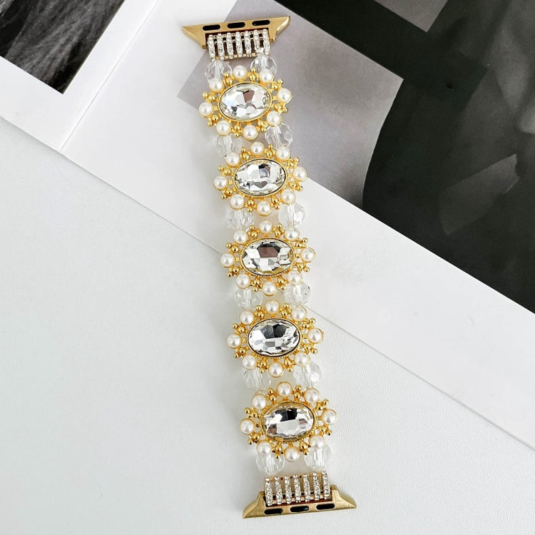 For Apple Watch Series 2 42mm Beaded Pearl Gemstone Bracelet Watch Band(Light Gold)