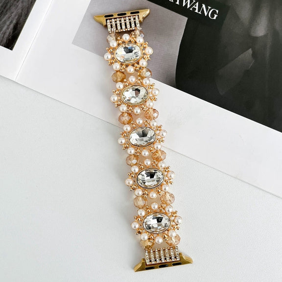 For Apple Watch 42mm Beaded Pearl Gemstone Bracelet Watch Band(Gold)