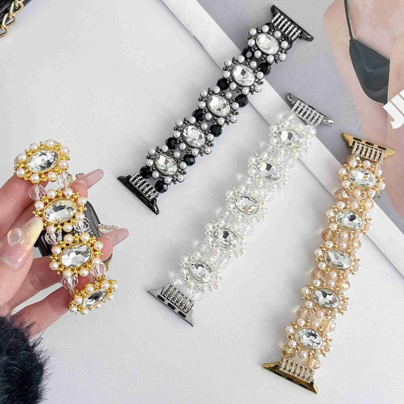 For Apple Watch SE 2022 40mm Beaded Pearl Gemstone Bracelet Watch Band(Gold)