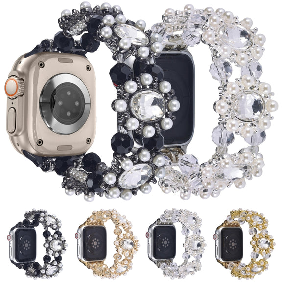 For Apple Watch SE 2022 44mm Beaded Pearl Gemstone Bracelet Watch Band(Gold)