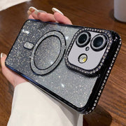 For iPhone 16 Diamond Gradient Glitter Plated MagSafe Phone Case(Black)