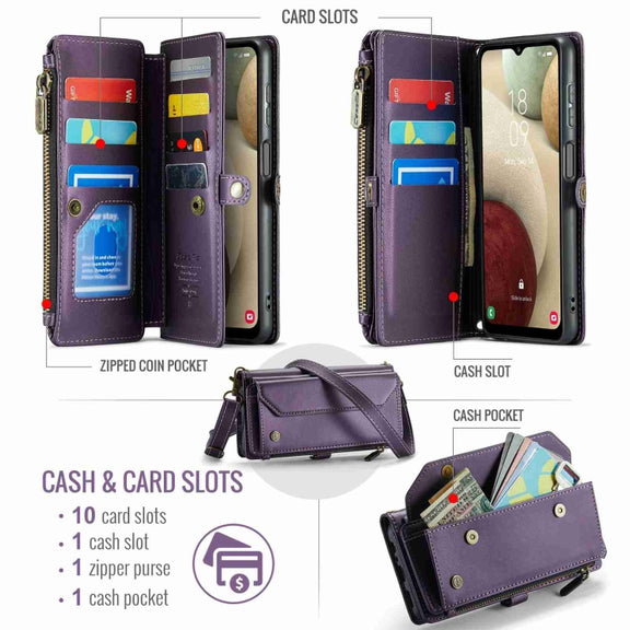 For Samsung Galaxy A12 5G CaseMe C36 Card Slots Zipper Wallet RFID Anti-theft Leather Phone Case(Purple)