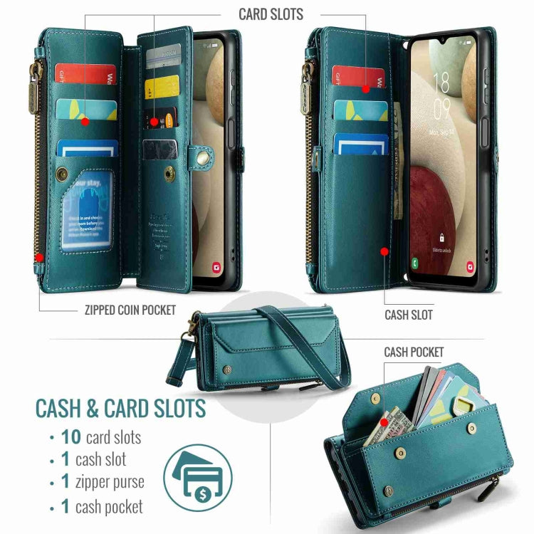 For Samsung Galaxy A12 5G CaseMe C36 Card Slots Zipper Wallet RFID Anti-theft Leather Phone Case(Blue-green)