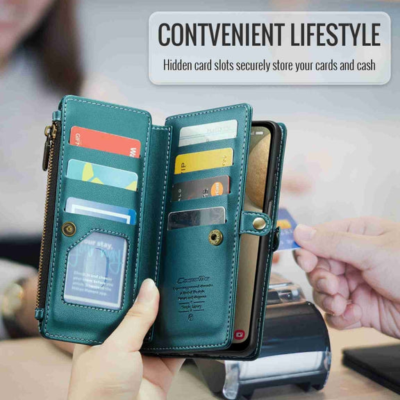 For Samsung Galaxy A12 5G CaseMe C36 Card Slots Zipper Wallet RFID Anti-theft Leather Phone Case(Blue-green)