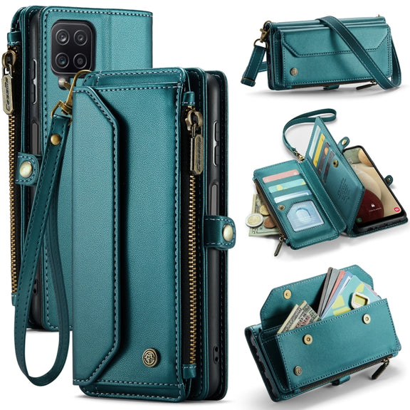 For Samsung Galaxy A12 5G CaseMe C36 Card Slots Zipper Wallet RFID Anti-theft Leather Phone Case(Blue-green)