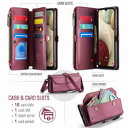 For Samsung Galaxy A12 5G CaseMe C36 Card Slots Zipper Wallet RFID Anti-theft Leather Phone Case(Wine Red)