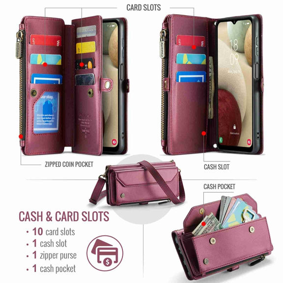 For Samsung Galaxy A12 5G CaseMe C36 Card Slots Zipper Wallet RFID Anti-theft Leather Phone Case(Wine Red)