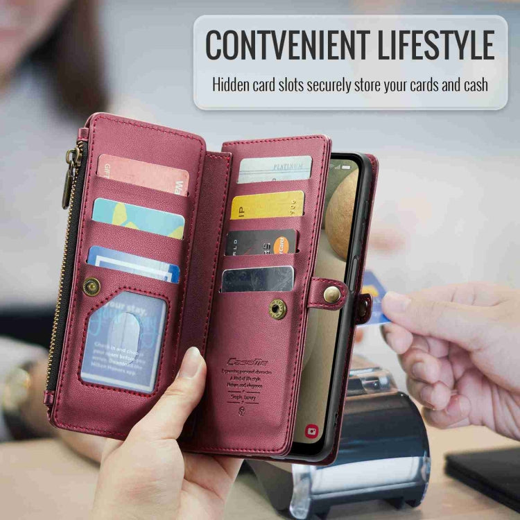 For Samsung Galaxy A12 5G CaseMe C36 Card Slots Zipper Wallet RFID Anti-theft Leather Phone Case(Wine Red)