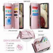 For Samsung Galaxy A12 5G CaseMe C36 Card Slots Zipper Wallet RFID Anti-theft Leather Phone Case(Pink)