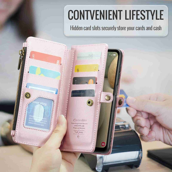 For Samsung Galaxy A12 5G CaseMe C36 Card Slots Zipper Wallet RFID Anti-theft Leather Phone Case(Pink)
