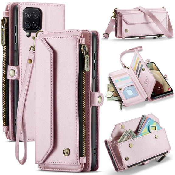 For Samsung Galaxy A12 5G CaseMe C36 Card Slots Zipper Wallet RFID Anti-theft Leather Phone Case(Pink)