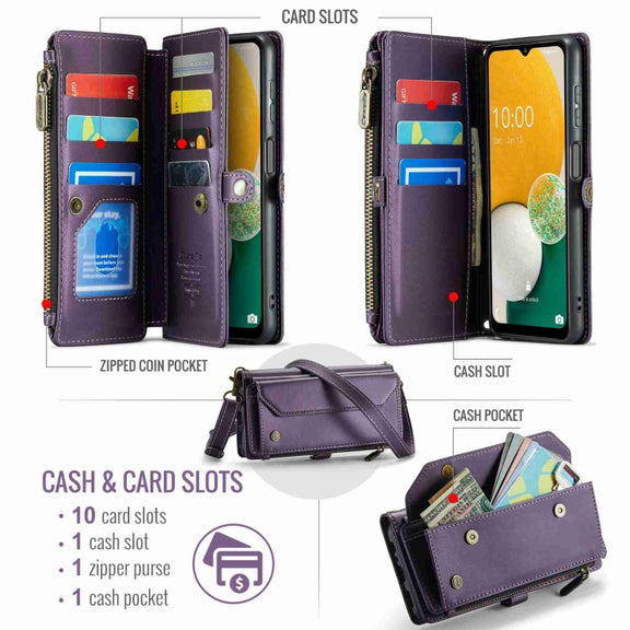 For Samsung Galaxy A13 5G / 4G CaseMe C36 Card Slots Zipper Wallet RFID Anti-theft Leather Phone Case(Purple)