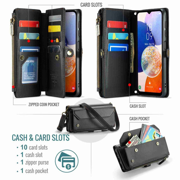 For Samsung Galaxy A14 5G / 4G CaseMe C36 Card Slots Zipper Wallet RFID Anti-theft Leather Phone Case(Black)