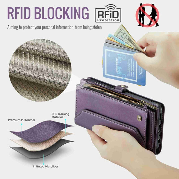 For Samsung Galaxy A14 5G / 4G CaseMe C36 Card Slots Zipper Wallet RFID Anti-theft Leather Phone Case(Purple)