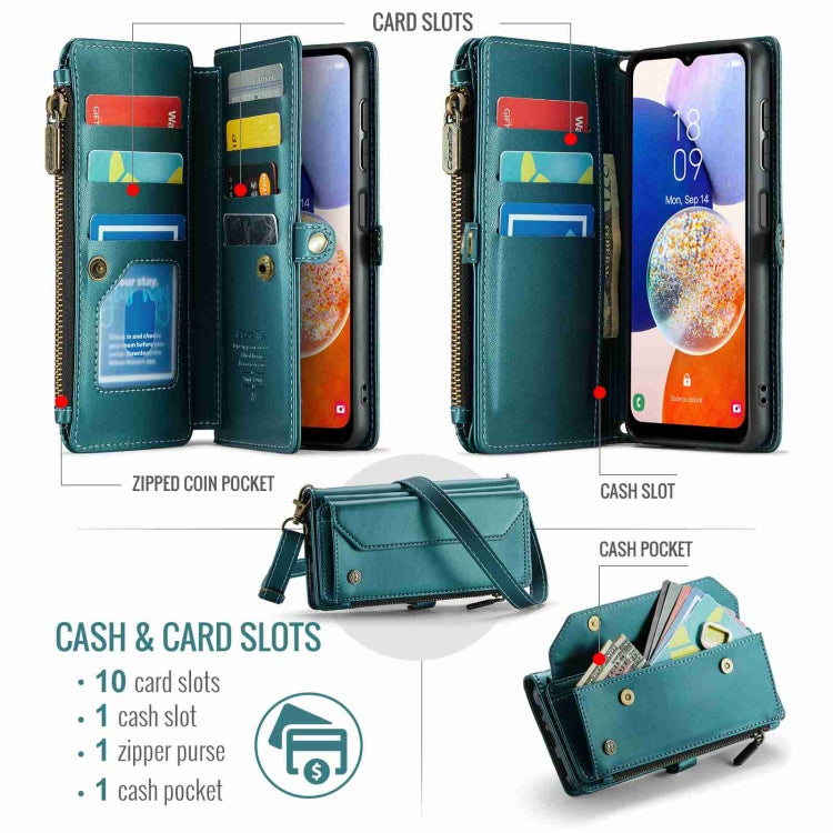 For Samsung Galaxy A14 5G / 4G CaseMe C36 Card Slots Zipper Wallet RFID Anti-theft Leather Phone Case(Blue-green)