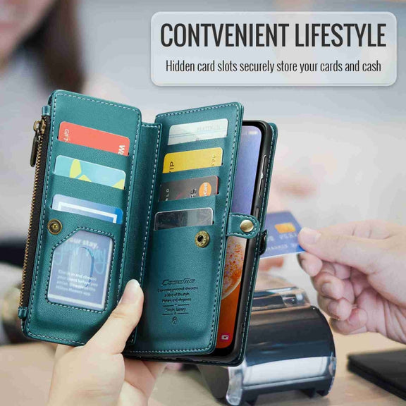 For Samsung Galaxy A14 5G / 4G CaseMe C36 Card Slots Zipper Wallet RFID Anti-theft Leather Phone Case(Blue-green)