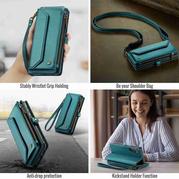 For Samsung Galaxy A14 5G / 4G CaseMe C36 Card Slots Zipper Wallet RFID Anti-theft Leather Phone Case(Blue-green)