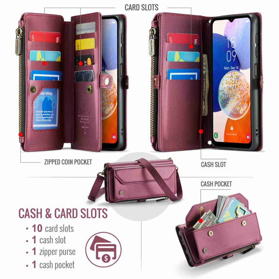 For Samsung Galaxy A14 5G / 4G CaseMe C36 Card Slots Zipper Wallet RFID Anti-theft Leather Phone Case(Wine Red)