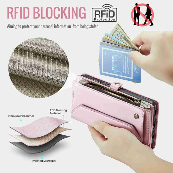 For Samsung Galaxy A14 5G / 4G CaseMe C36 Card Slots Zipper Wallet RFID Anti-theft Leather Phone Case(Pink)