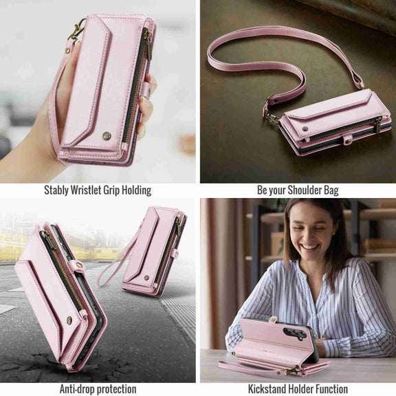 For Samsung Galaxy A14 5G / 4G CaseMe C36 Card Slots Zipper Wallet RFID Anti-theft Leather Phone Case(Pink)