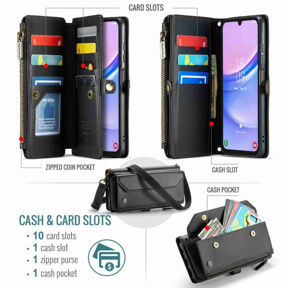For Samsung Galaxy A15 CaseMe C36 Card Slots Zipper Wallet RFID Anti-theft Leather Phone Case(Black)
