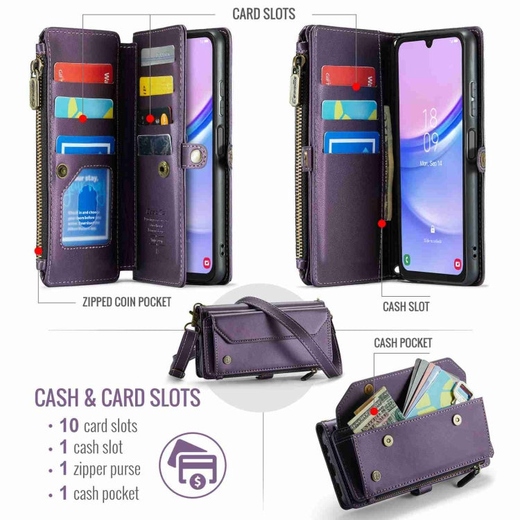 For Samsung Galaxy A15 CaseMe C36 Card Slots Zipper Wallet RFID Anti-theft Leather Phone Case(Purple)