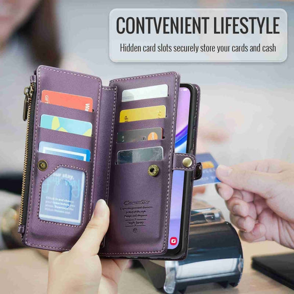 For Samsung Galaxy A15 CaseMe C36 Card Slots Zipper Wallet RFID Anti-theft Leather Phone Case(Purple)