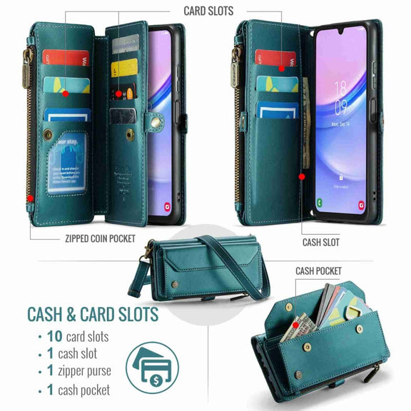 For Samsung Galaxy A15 CaseMe C36 Card Slots Zipper Wallet RFID Anti-theft Leather Phone Case(Blue-green)