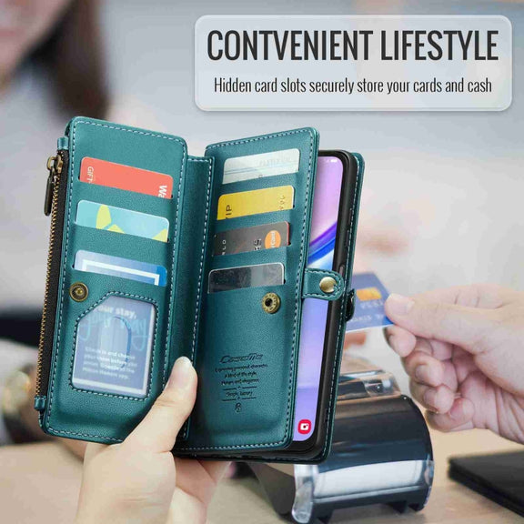 For Samsung Galaxy A15 CaseMe C36 Card Slots Zipper Wallet RFID Anti-theft Leather Phone Case(Blue-green)