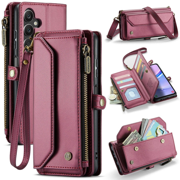 For Samsung Galaxy A15 CaseMe C36 Card Slots Zipper Wallet RFID Anti-theft Leather Phone Case(Wine Red)