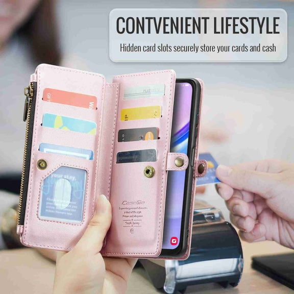 For Samsung Galaxy A15 CaseMe C36 Card Slots Zipper Wallet RFID Anti-theft Leather Phone Case(Pink)