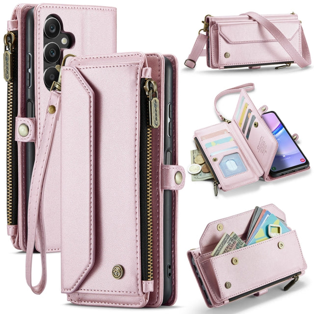For Samsung Galaxy A15 CaseMe C36 Card Slots Zipper Wallet RFID Anti-theft Leather Phone Case(Pink)