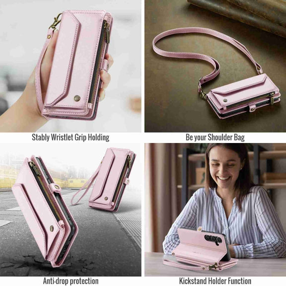 For Samsung Galaxy A15 CaseMe C36 Card Slots Zipper Wallet RFID Anti-theft Leather Phone Case(Pink)