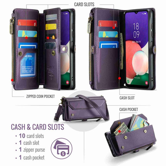 For Samsung Galaxy A22 5G CaseMe C36 Card Slots Zipper Wallet RFID Anti-theft Leather Phone Case(Purple)