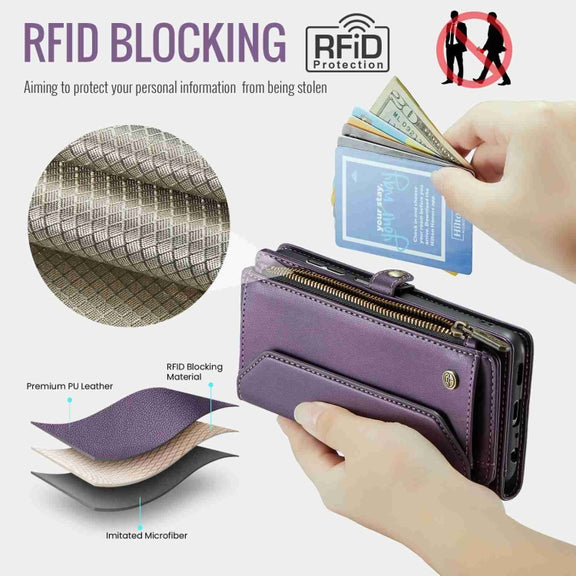 For Samsung Galaxy A22 5G CaseMe C36 Card Slots Zipper Wallet RFID Anti-theft Leather Phone Case(Purple)