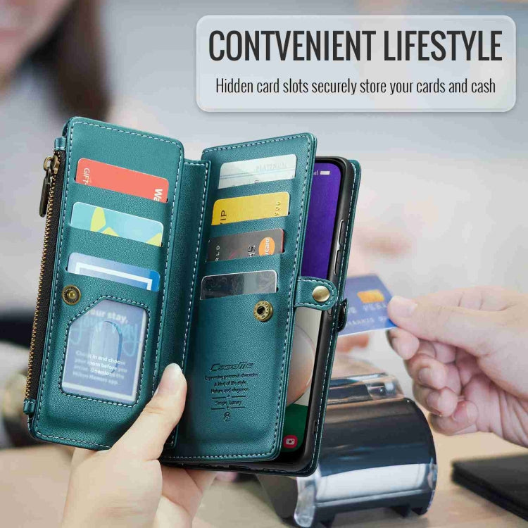 For Samsung Galaxy A22 5G CaseMe C36 Card Slots Zipper Wallet RFID Anti-theft Leather Phone Case(Blue-green)