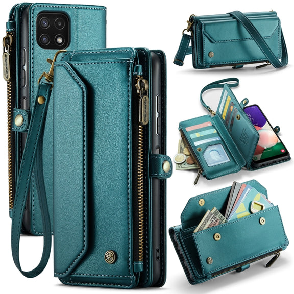 For Samsung Galaxy A22 5G CaseMe C36 Card Slots Zipper Wallet RFID Anti-theft Leather Phone Case(Blue-green)