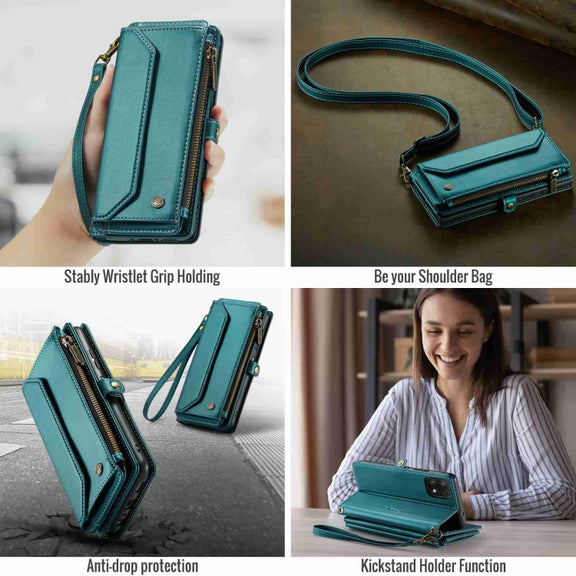 For Samsung Galaxy A22 5G CaseMe C36 Card Slots Zipper Wallet RFID Anti-theft Leather Phone Case(Blue-green)
